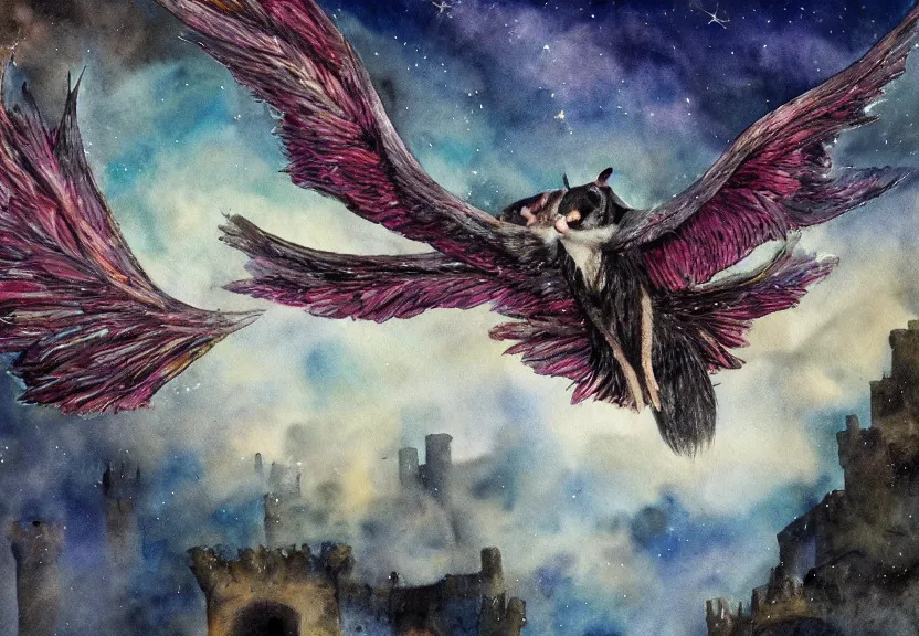 Prompt: legendary colorful winged possum flying over a medieval castle under a dark starred sky, dark fantasy, watercolor, dreaming illusion, highly detailed, 4k, trending on Artstation, award-winning