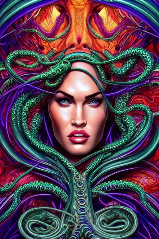 Prompt: Portrait of Megan Fox wearing epic bionic tentacles cyborg implants of different vibrant colors, detailed intricate ornate tentacles connected to head, portrait front face reference, by Dan Mumford and Naoto Hattori, extremely beautiful and proportionate, masterpiece, a sense of sensuality, intricate, highly detailed, digital painting, Blade Runner, artstation, concept art, crepuscular rays, smooth, sharp focus, illustration, background made from fractals of vibrant universe stars, cyberpunk colors, volumetric lighting, art by artgerm and james jean and Nick Sullo