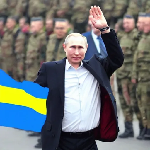 Prompt: Putin waving Ukrainian flag