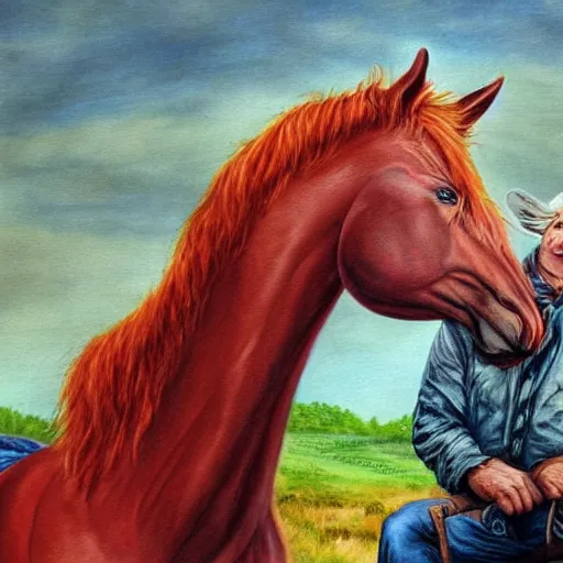 Image similar to Red ogre riding a horse, funny, portrait, realistic, HD,