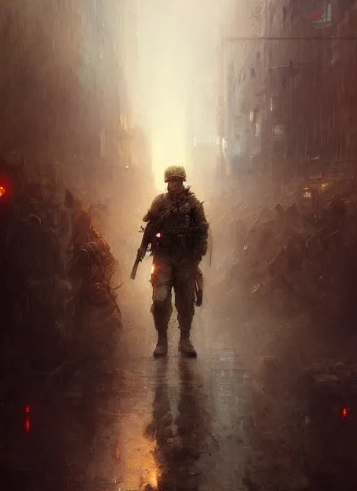 Image similar to an modern soldier in a new york subway in a zombie apocalypse art by greg rutkowski gaston bussiere fantasy soft hair trending on artstation deviantart book cover art concept art key art dramatic volumetric lighting, 4 k, award winning