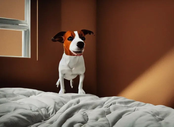 Image similar to photography of a Jack Russel . watching outside the window. on a bed. in a vintage room full of vinyls and posters.,volumetric light, photorealistic,, award winning photo, 100mm, sharp, high res