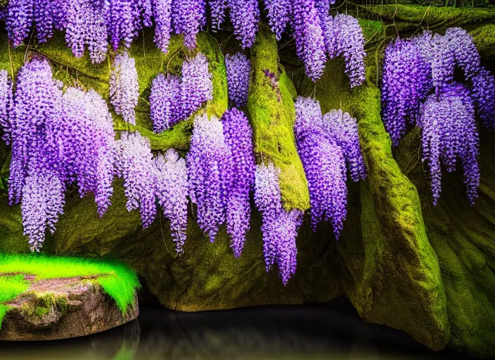 Prompt: long shot of a tiny wisteria tree on an island in a river in an underground cave. fantasy magic style. highly detailed 8 k. intricate. lifelike. epic. movie poster. soft light. sony a 7 r iv 5 5 mm. cinematic post - processing