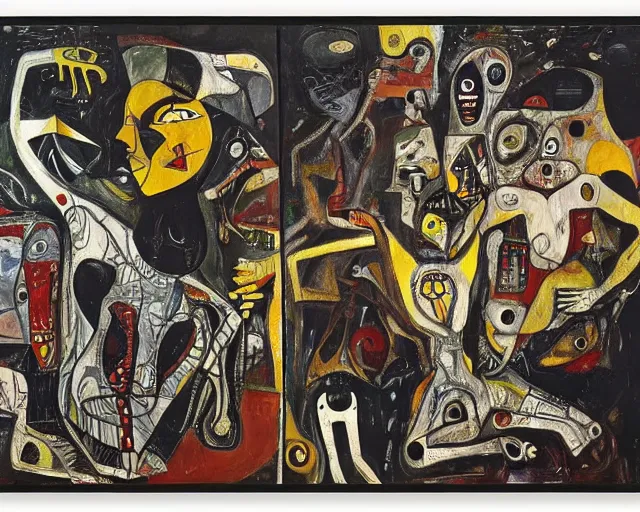 Image similar to a painting of guernica with aliens and robots by graham sutherland, egon schiele, gustav klimt, joan miro, basquiat!, expressionism