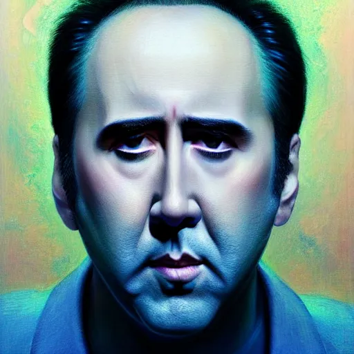 Image similar to prompt : nicolas cage portrait soft light painted by james jean and katsuhiro otomo and erik jones, inspired by evangeleon anime, smooth face feature, intricate oil painting, high detail illustration, sharp high detail, manga and anime 1 9 9 9