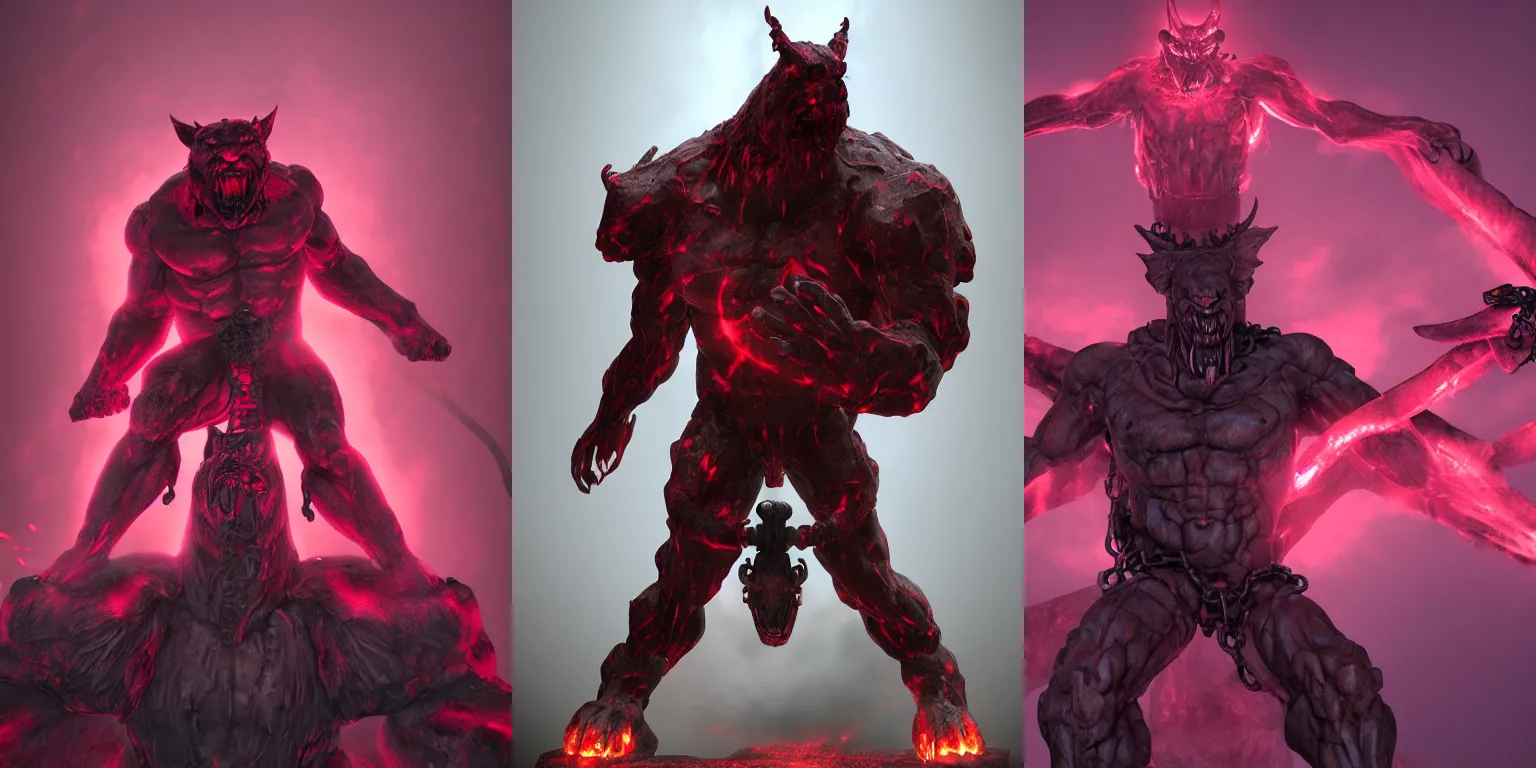 Prompt: Giant stocky daemon statue. Howling. Enchained, chains, restrained. Bloom, volumetric lighting. Red, magenta lighting. Dark fantasy, digital painting, HD, 4k, detailed.