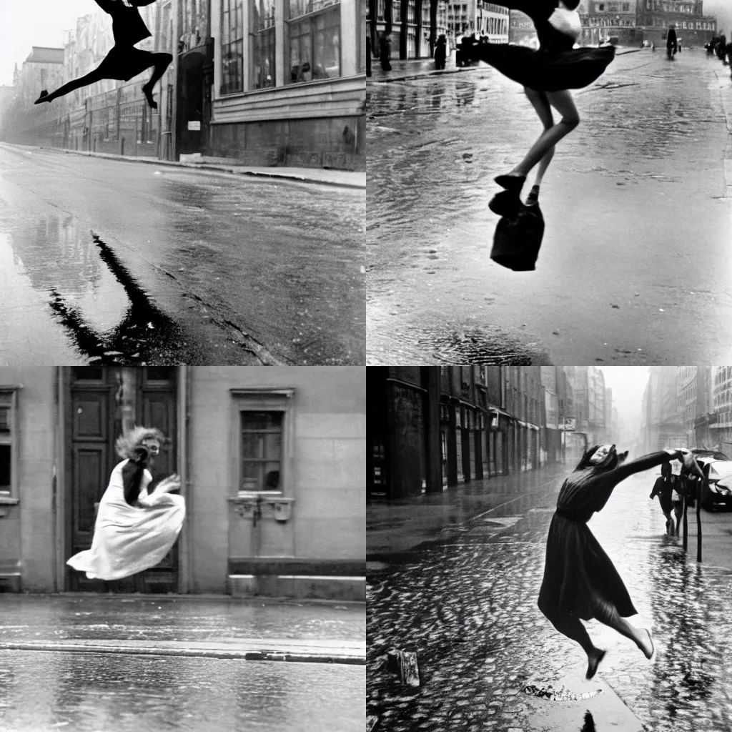 A woman wearing a dress leaping over a large puddle in Stable