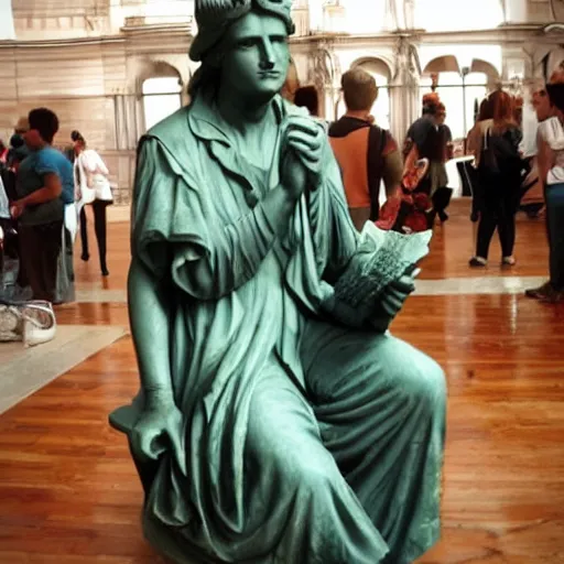 Image similar to liberty statue sitdown pose, real liberty, very convincing