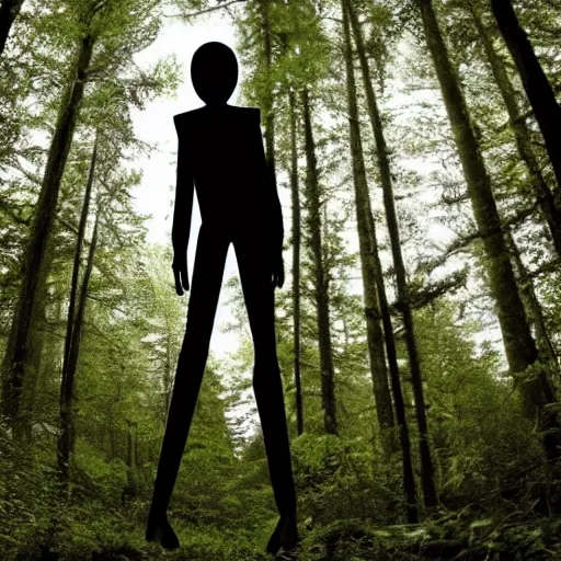 Prompt: tall skinny humanoid creature with no face standing between the trees in a forest at night, realistic, high details, 4 k
