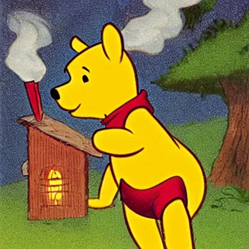 Image similar to winnie the pooh lighting a house on fire, in the style of winnie the pooh