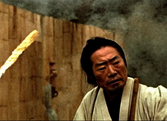 Image similar to a movie still of a samurai slicing through a loaf of bread, a movie by Akira Kurosawa