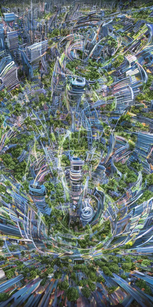 Image similar to Bustling photorealistic!!! utopian city reimagined by Max Hay, inverted fisheye lens!!!, eyelevel!!! view!!! photography, trending on artstation, 4k, 8k, lens distortion, chromatic aberration, soft focus blur, photorealistic imagery, photorealistic details, intricate, highly detailed, artstation 3d, artstation render, artstation 3d render, 3d art, unreal engine 3d, octane 3d, blender 3d, 3d landscape