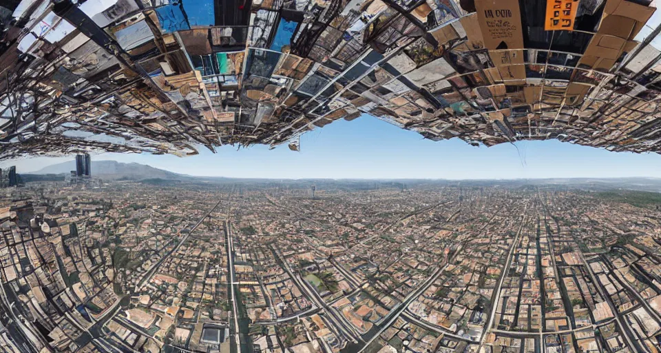 Image similar to City of cardboard viewed from the streets, fisheye photo