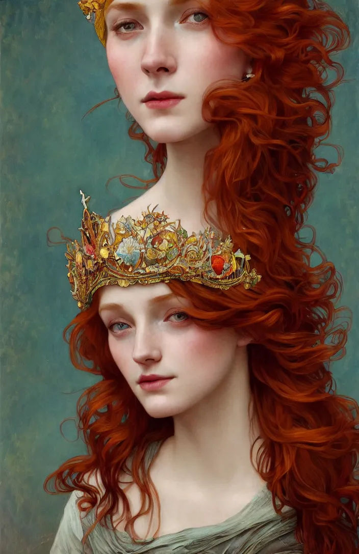 Prompt: beautifull classic portrait of a young redhair woman wearing a crown made of fish, watercolors, intricate, elegant, highly detailed, digital painting, artstation, concept art, smooth, sharp focus, illustration, art by krenz cushart and artem demura and alphonse mucha, dynamic lighting, ultrarealistic, cinematic, octane render, unreal engine, 8 k