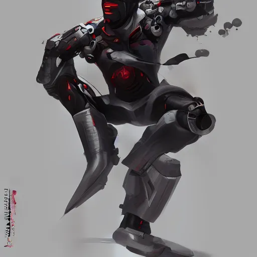 Image similar to concept art of cyborg ninja, dynamic pose, full body, very long shot, enviroment, extremely detailed, jama jurabaev, greig fraser, roger deakins, shaddy safadi, feng shu, neil blevins, trending on artstation, high quality, brush stroke