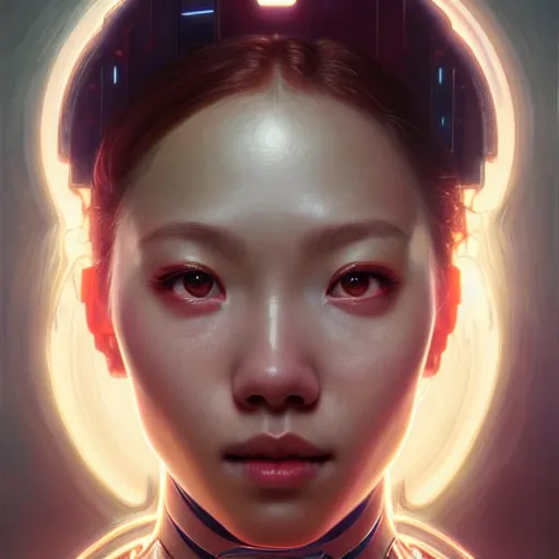 Prompt: portrait painting of a cyborg chuu from loona smiling, ultra realistic, concept art, intricate details, eerie, highly detailed, photorealistic, octane render, 8 k, unreal engine. art by artgerm and greg rutkowski and magali villeneuve and alphonse mucha