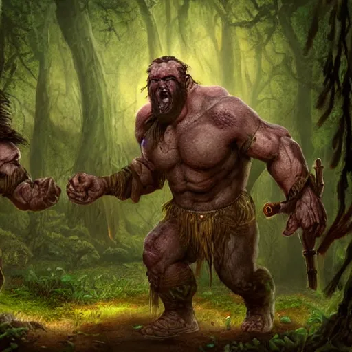 Prompt: a two - headed ettin from dnd in a dark forest, digital art, high quality render, artstation