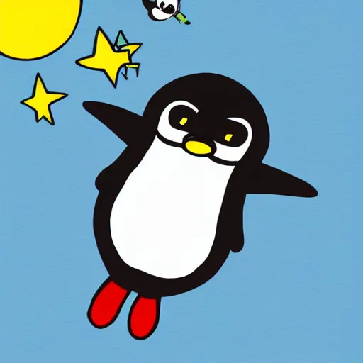 Image similar to cute astronaut penguin floating on space, minimalist cartoon style