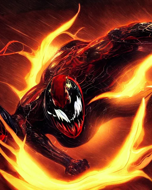 Image similar to venom as the flash, dynamic lighting, fantasy concept art, trending on art station, stunning visuals, creative, cinematic, ultra detailed, comic strip style