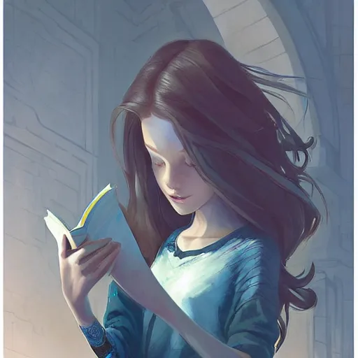 Image similar to a pixar girl reading a book, long hair flowing down, symmetrical, style of by Jordan Grimmer and greg rutkowski, crisp lines and color,