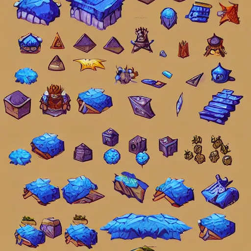 Prompt: A game assets spritesheet by breath of fire 4 . HD vector Containing modular props, terrain, trees, 2d side view, platform, vector art, very detailed