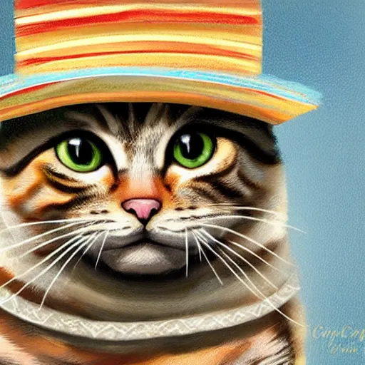 Prompt: hyperrealistic, cute feisty expressive tabby cat with a sombrero tucking, highly detailed, hyper detail, cottagecore!!, well lit, dynamic pose