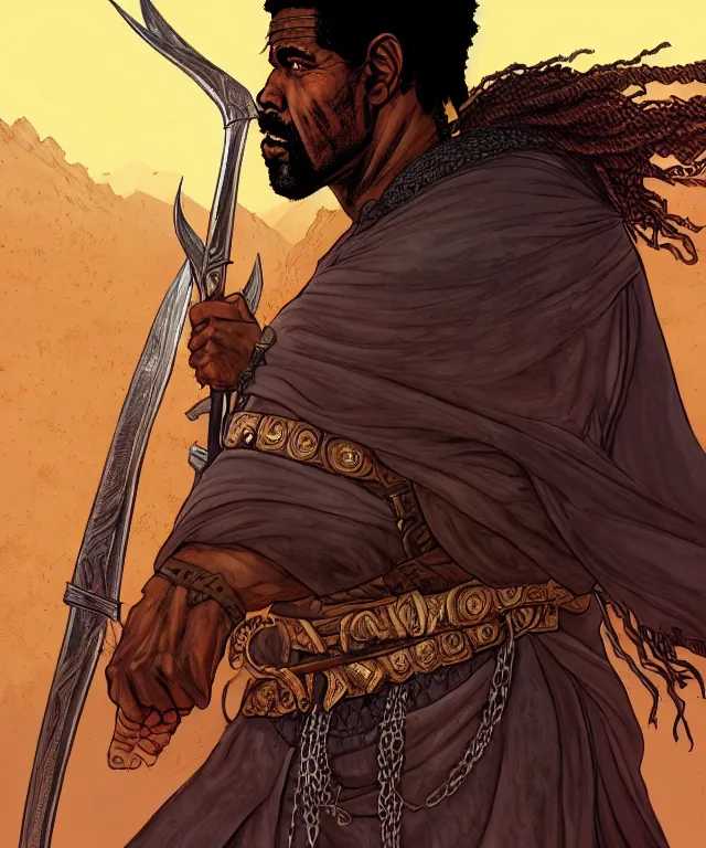 Image similar to a ( fantasy comic ) ( cover art ) portrait of a ( bedouin warrior ) who looks like ( denzel washington ), digital illustration by tomoyuki yamasaki and sana takeda and kentaro miura, fine inking lines, vivid colors, dnd, photorealistic, hd, 4 k, trending on artstation