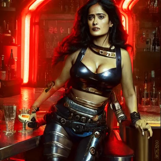 Prompt: salma hayek in a cyberpunk city bar wearing impractical female armour, perfect proportions, beautiful face, perfect eyes, real life colors, elegant, sharp focus, hyper - realistic, 4 k, highly detailed, hd, dramatic lighting by brom