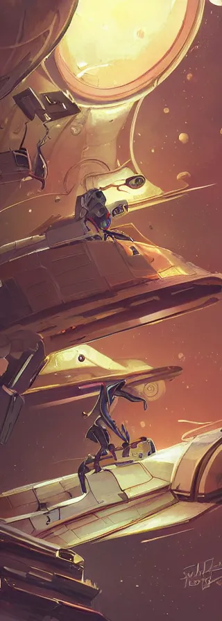 Image similar to space smugglers hiding cargo in their old rusting space ship illustrated by greg tocchini