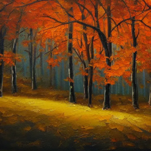 Prompt: A beautiful oil painting of an autumn forest, trending on artstation