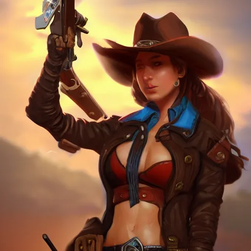 Image similar to full body, female cowgirl, perfect face, long rifle, 8 k, magic the gathering, d & d, artstation