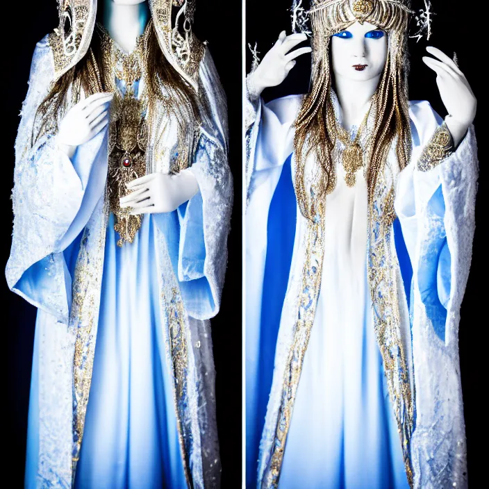 Prompt: full body photograph of of an ice queen with ornate robes, extremely detailed. dslr. 8 5 mm.