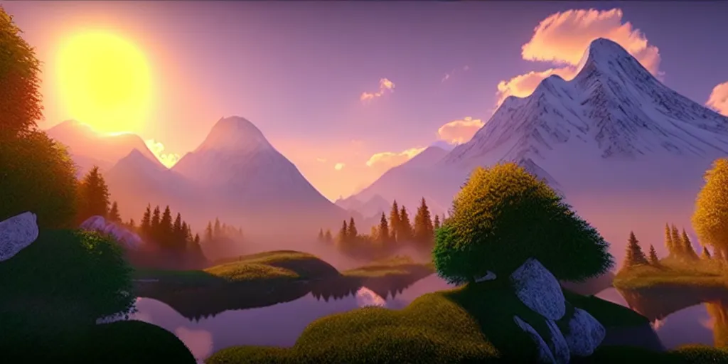 Prompt: a beautiful landscape, sun rises between two mountains, 3 d artwork by bob ross, unreal engine 5, extremely detailed, hyper realism