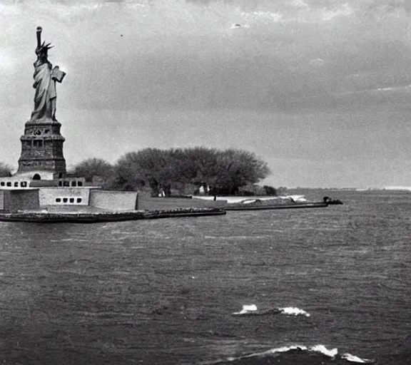 Prompt: fragment ruins of statue of liberty, editorial footage, time magazine,