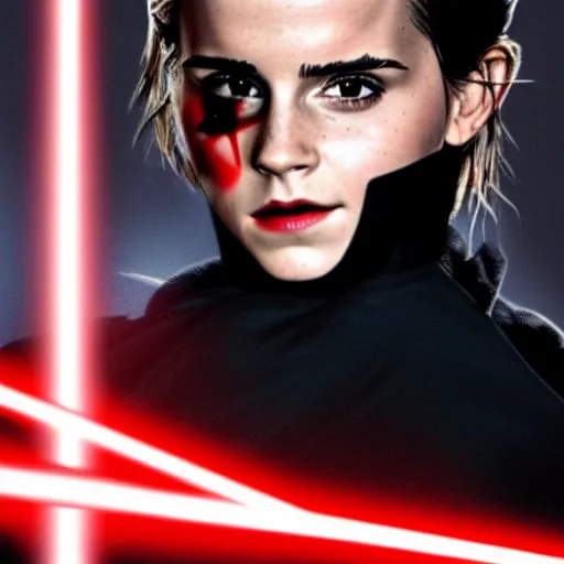 Image similar to emma watson as a sith lord with a red lightsaber