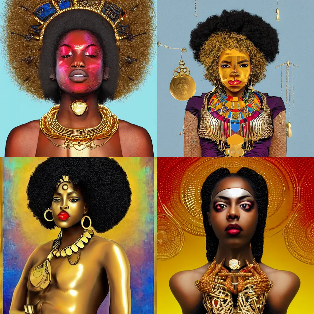 Prompt: afrofuturist woman with gold jewelry, revolutionary art style
