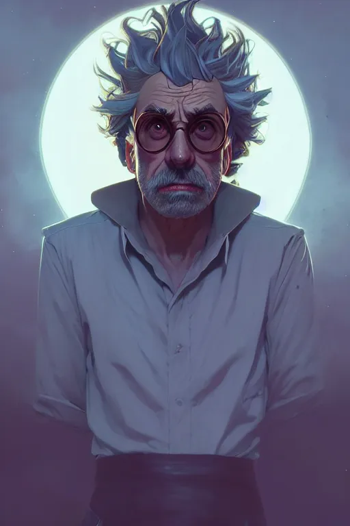 Image similar to a portrait of rick sanchez, fantasy, sharp focus, intricate, elegant, digital painting, artstation, matte, highly detailed, concept art, illustration, ambient lighting, art by ilya kuvshinov, artgerm, alphonse mucha, and greg rutkowski