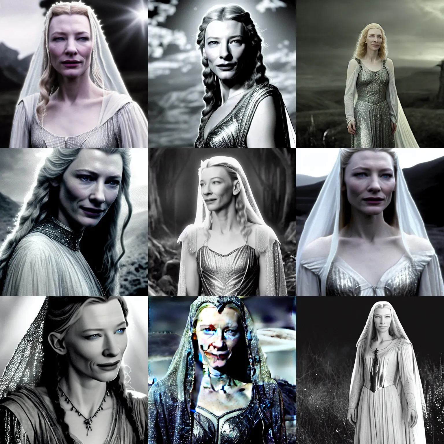 Prompt: young Cate Blanchett as Galadriel dressed in a beautiful silver dress. The background is a Transylvanian landscape. cinematic lighting, highly detailed, black-and-white, realistic, antique photography