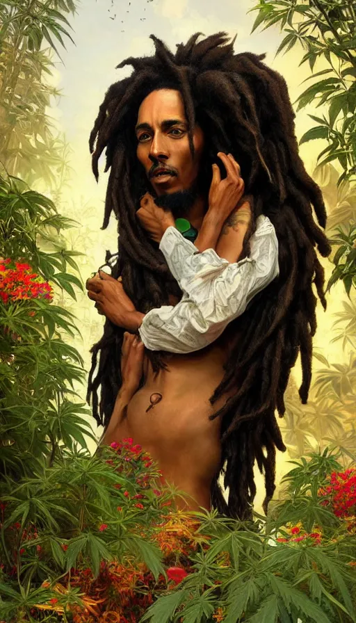 Image similar to impressive cottagecore bob marley , black rasta Hair, cannabis plants background, intricate, elegant, highly detailed, digital painting, artstation, concept art, smooth, sharp, focus, illustration, art by artgerm and greg rutkowski and alphonse mucha