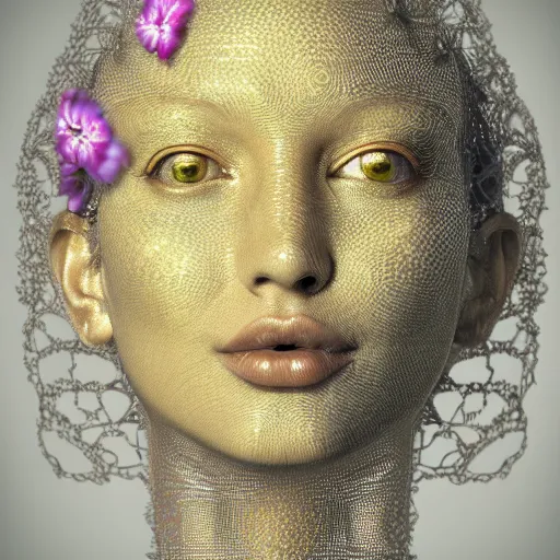 Prompt: beatifull frontal face portrait of a woman, 150 mm, flowers, mandelbrot fractal, symmetric, intricate, golden ratio, full frame, elegant, highly detailed, ornate, ornament, sculpture, elegant , luxury, beautifully lit, ray trace, octane render in the style of peter Gric , alex grey and Romero Ressendi