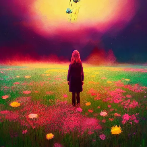 Image similar to girl with an blooming flower for a face, surreal photography, dream, standing in flower field, magical, in a valley, sunrise dramatic light, impressionist painting, colorful clouds, artstation, simon stalenhag, exploding flower face