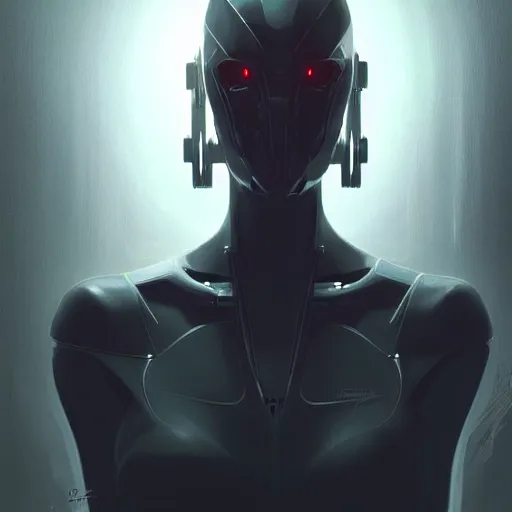 Image similar to professional concept art portrait of a predatory robotic species in a dark room by artgerm and greg rutkowski. an intricate, elegant, highly detailed digital painting, concept art, smooth, sharp focus, illustration, in the style of cam sykes.