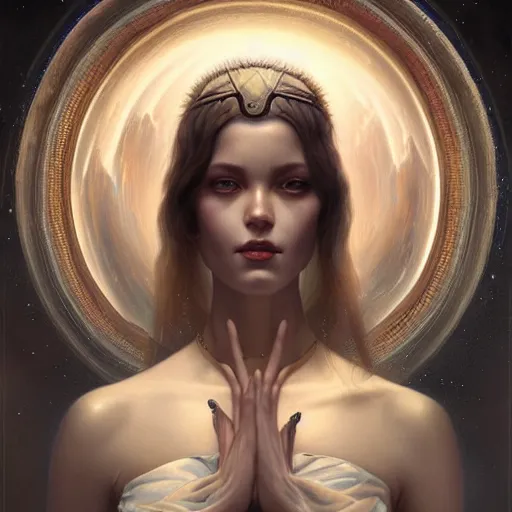 Image similar to a beautiful portrait of a celestial goddess by Jim Burns and Tom Bagshaw, Trending on Artstation