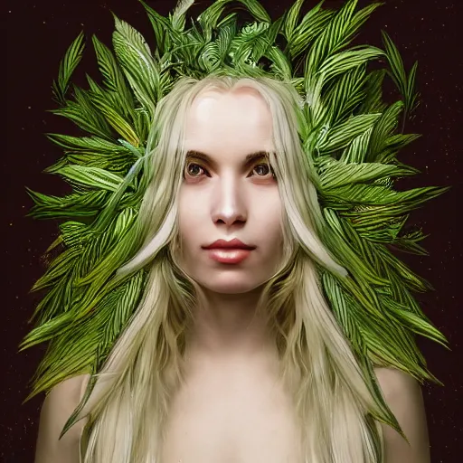 Image similar to a symmetrical portrait of a blonde woman with plants in hair, oil painting, pale colors, high detail, 8 k, wide angle, trending on artstation,