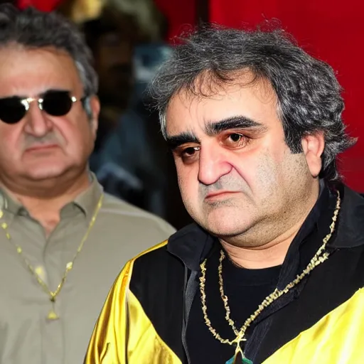 Image similar to jafar panahi mixed with john belushi and gordon brown, clean shaven, wearing an umbro sports tracksuit and gold necklace with large star shaped intricate gold medallion