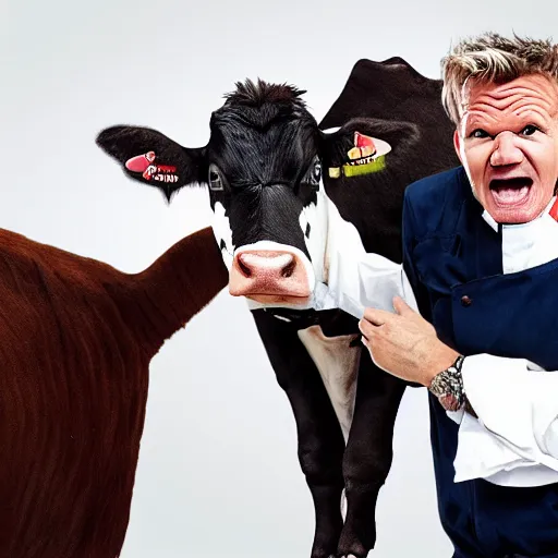 Image similar to gordon ramsay yelling at a cow, closeup faces, hyper realistic photo