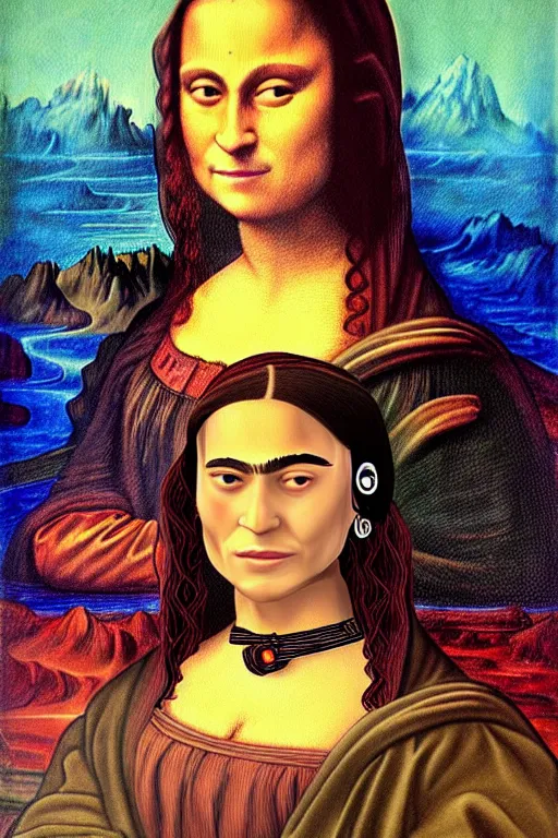 Prompt: “Mona Lisa in the style of Frida Kahlo”