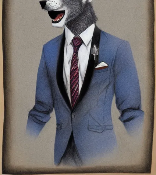 Image similar to master furry artist colored pencil drawing portrait of the anthro male anthropomorphic wolf fursona animal person detective wearing suit and tie