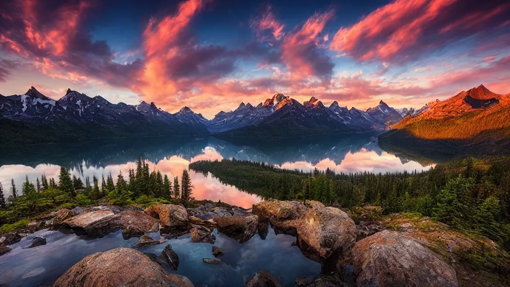 Prompt: amazing eagleview landscape photo of mountains with lake in sunset by marc adamus, beautiful dramatic lighting