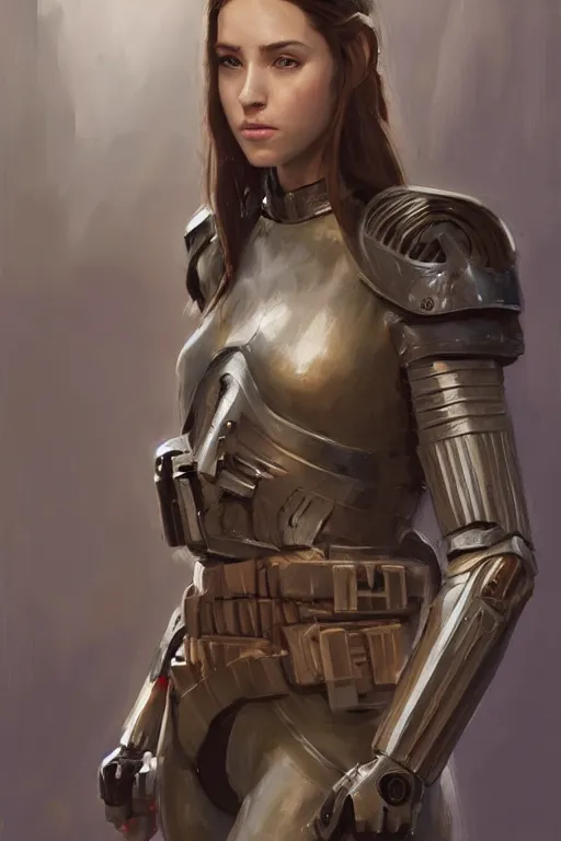 Image similar to a professional painting of a beautiful young female, clothed in military armor, olive skin, long dark hair, beautiful bone structure, symmetrical facial features, intricate, elegant, digital painting, concept art, smooth, sharp focus, illustration, from Star Wars by Ruan Jia and Mandy Jurgens and Artgerm and William-Adolphe Bouguerea